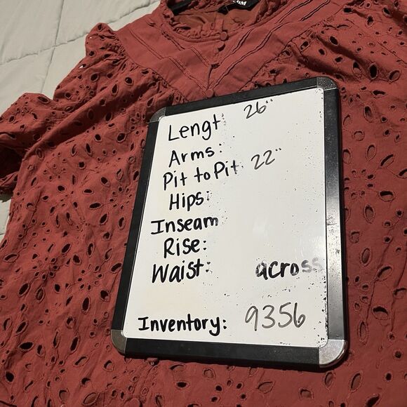 BTFBM Rust Boho Eyelet Crochet Lined Puff Sleeve Button Up Top Womens Size XL - Picture 10 of 10